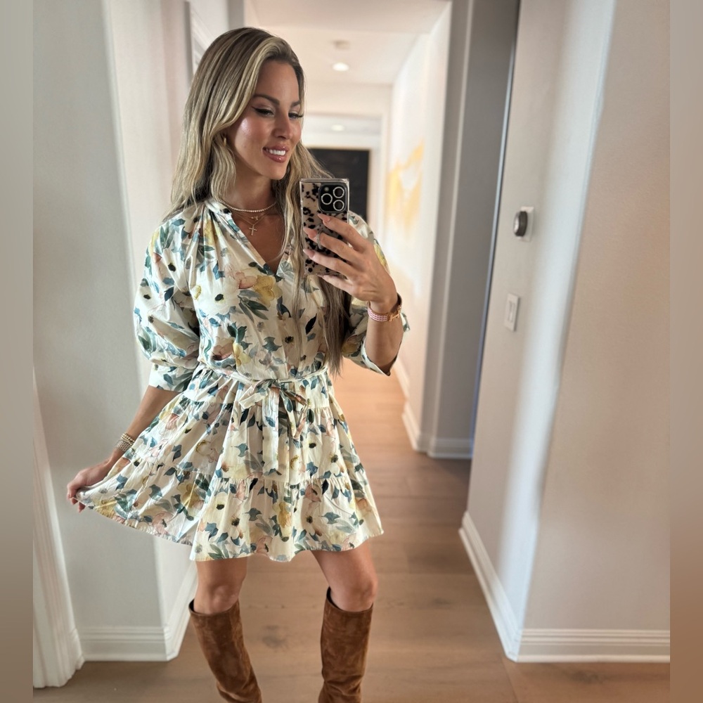 Aakaa Floral Mini Dress - Cream and Green - Picture 3 of 4